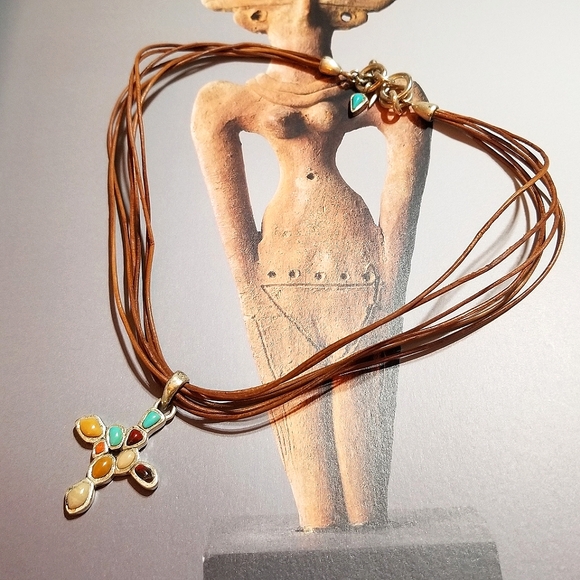 BARSE Retired Multi Gem Cross Necklace Sterling and Leather - Picture 3 of 7